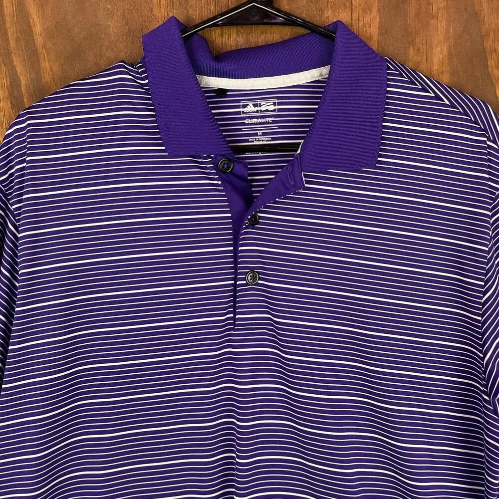 Adidas ClimaLite Mens Polo Purple White Stripe Short Sleeve Polyester Medium